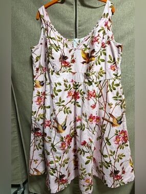 Cherry Velvet Floral Bird Print Pink V-Neck Midi Dress w/pockets 1X